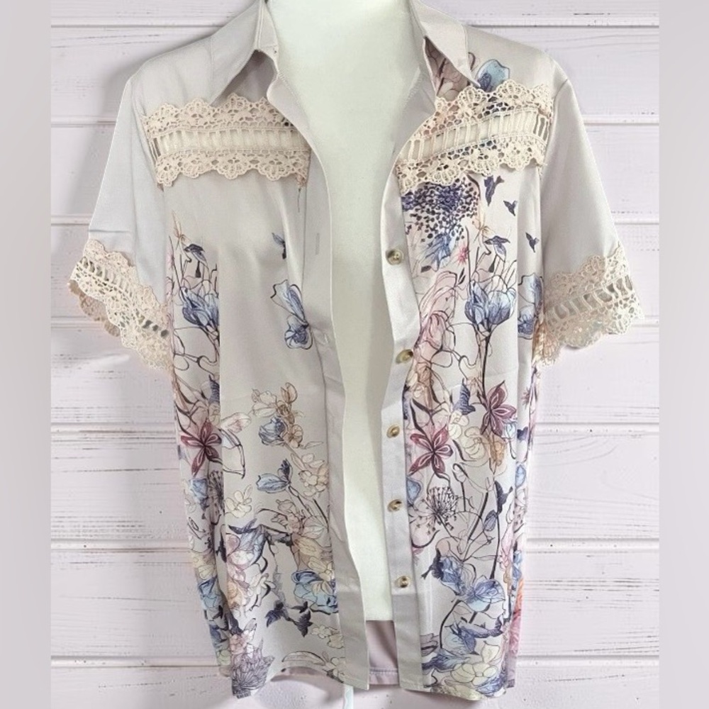 Boho Floral Eyelet Lace Trim Button Down Summer Blouse Women’s Size XXL NWOT